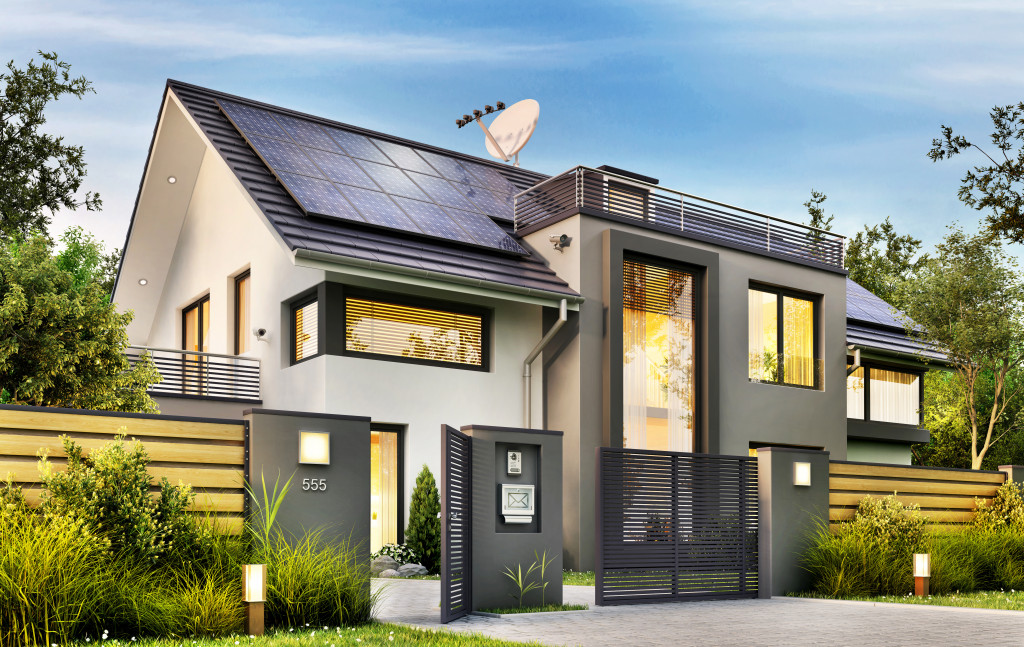 modern home with solar panel in its roof