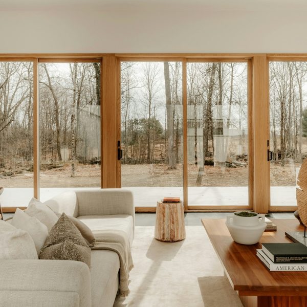sliding doors connecting a modern living room and outdoor space